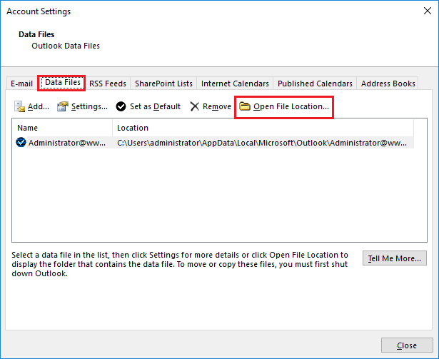 Go to Data files tab, select OST file and click on Open File location.