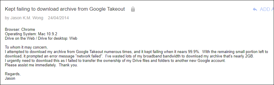 Google Takeout Network Issue