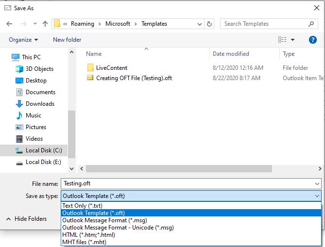 how to create an OFT file in Outlook